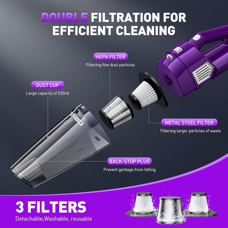 DBHAL Handheld Vacuum Cordless, 15000PA Powerful Suction Car Vacuum Cleaner Lightweight with Multi Accessories, Hand held Vacuum Cleaner Dust Busters Cordless Rechargeable for Car Home - Image 4